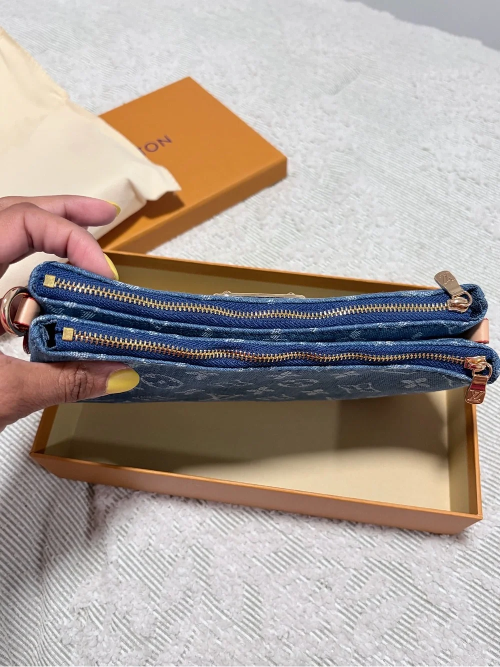 Blue Denim Monogram Zip double Pouch with Straps & Gold Plaque